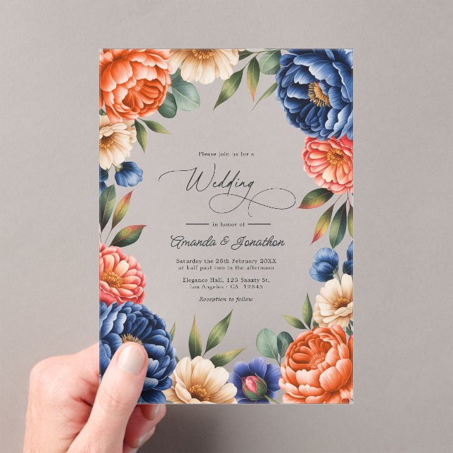 French Blue, Coral, and Sand Beige Floral Wedding Acryleinladungen (Insitu (Handheld))