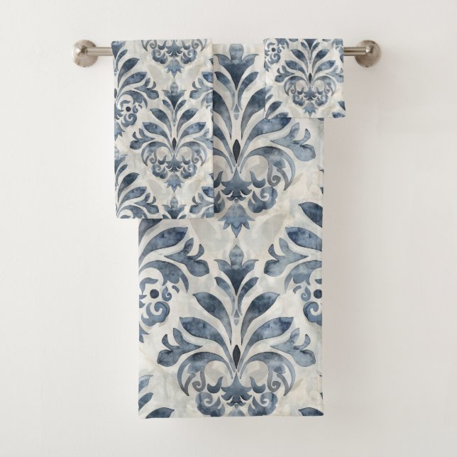 French Blue Damask Towel Badhandtuch Set (Insitu)
