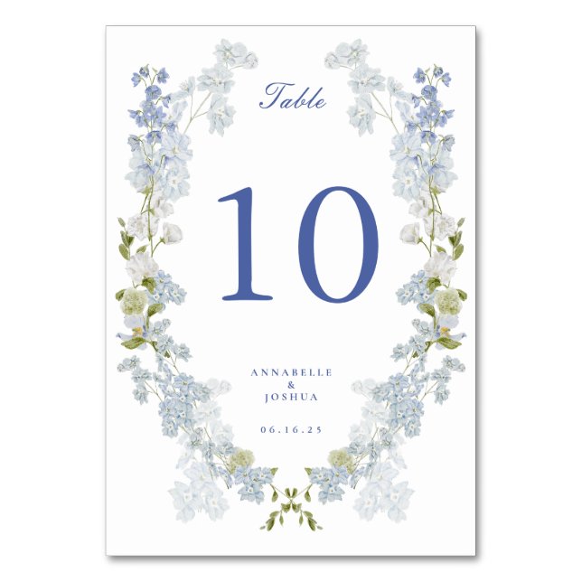 French Blue Florals Wedding Tischnummer (Vorderseite)