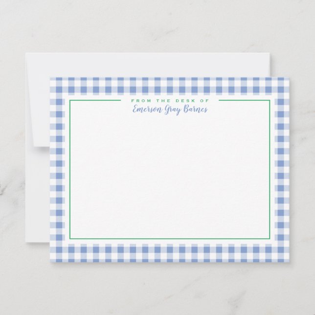 French Blue Green Accent Gingham Desk Stationery Dankeskarte (Vorderseite)