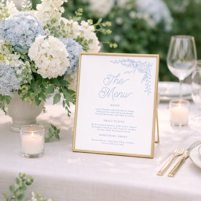 French Blue Hydrangea Wedding Menu Sign Poster (Von Creator hochgeladen)