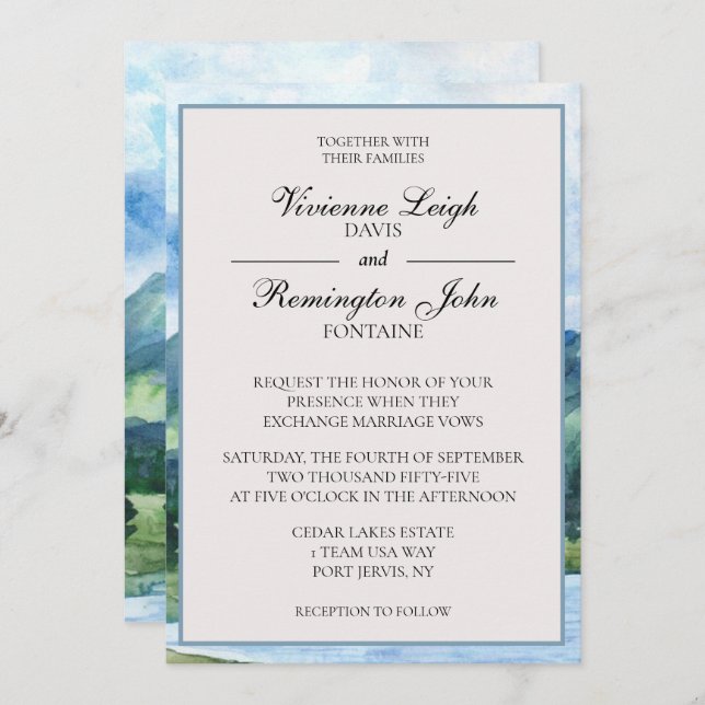 French Blue Serene Watercolor Lake Wedding Einladung (Vorne/Hinten)