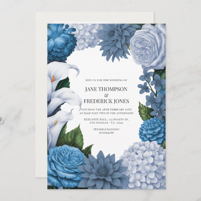 French Blue, Storm Slate & Petal Fog Wedding Einladung (Vorne/Hinten)