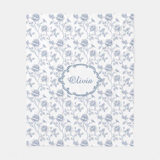 French Blue Toile Chinoiserie Floral Custom Name Fleecedecke (Vorderseite)