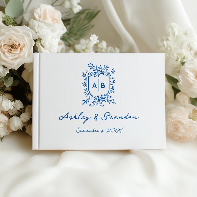 French Blue Whimsical Monogram Crest Wedding Gästebuch (Von Creator hochgeladen)