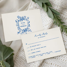 French Blue Whimsical Pastoral Wedding Invitation,