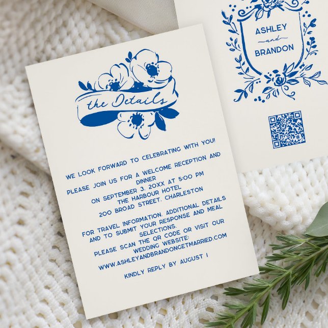 French Blue Whimsical Ribbon Crest Wedding  Begleitkarte (Von Creator hochgeladen)