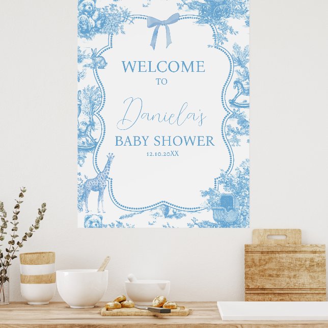 French Blue White Toile de Jouy Bear Baby Empfang Poster (Küche)