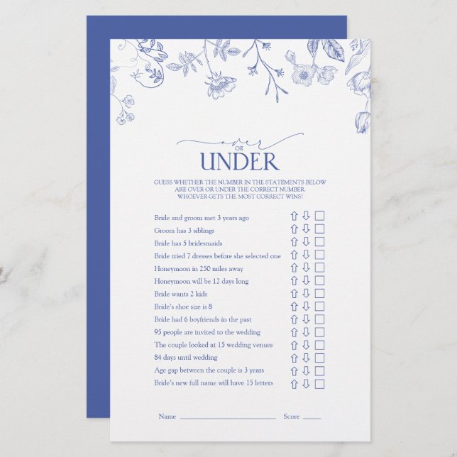 French Blue & White Viktorianisch Brautparty Game (Vorne/Hinten)
