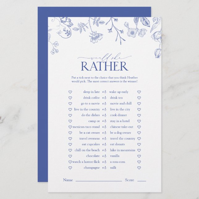 French Blue & White Viktorianisch Brautparty Game (Vorne/Hinten)