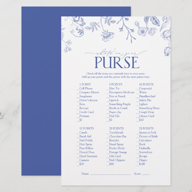 French Blue & White Viktorianisch Brautparty Game (Vorne/Hinten)