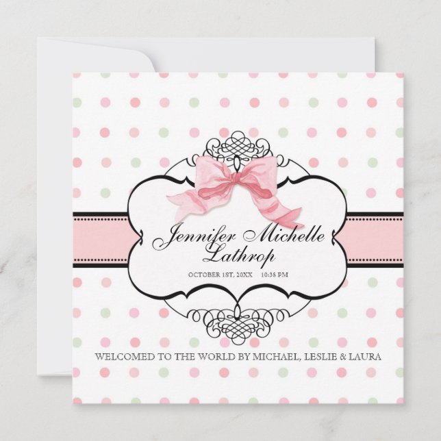 French Bow Damask Swirth Birth Announcement Girl Ankündigung (Vorderseite)