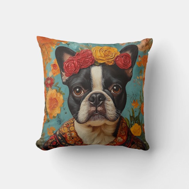 French Bulldog als Frida Kahlo Kissen (Vorderseite)