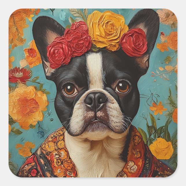 French Bulldog als Frida Kahlo Quadratischer Aufkleber (Vorderseite)