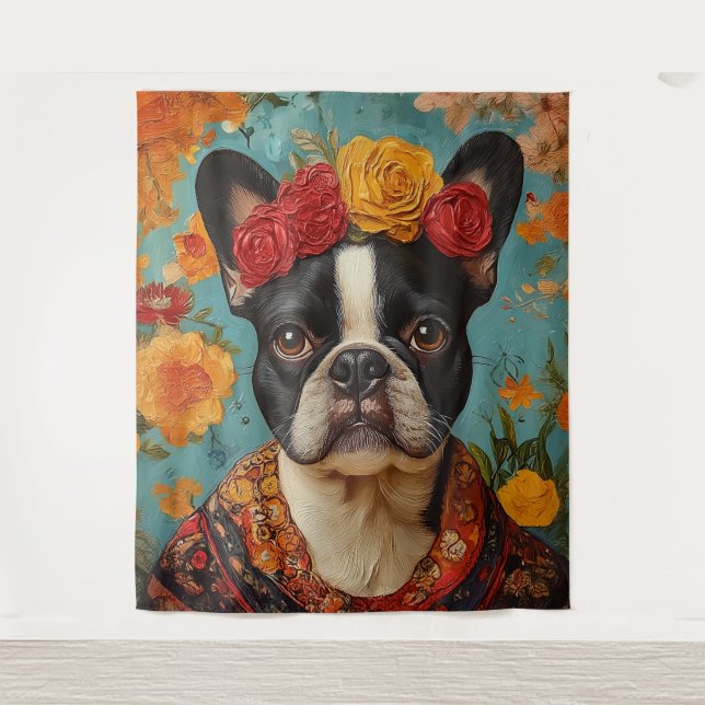 French Bulldog als Frida Kahlo Wandteppich (Vorderseite)