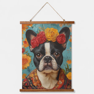 French Bulldog als Frida Kahlo Wandteppich Mit Holzrahmen