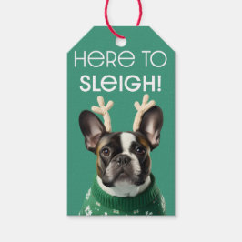 French Bulldog & Antlers "Here to Sleigh" Geschenk Geschenkanhänger