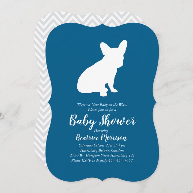 French Bulldog Baby Dusche Frenchy Frenchie Blue Einladung (Vorne/Hinten)