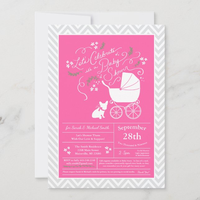 French Bulldog Baby Shower Frenchie Pink Girl Einladung (Vorderseite)
