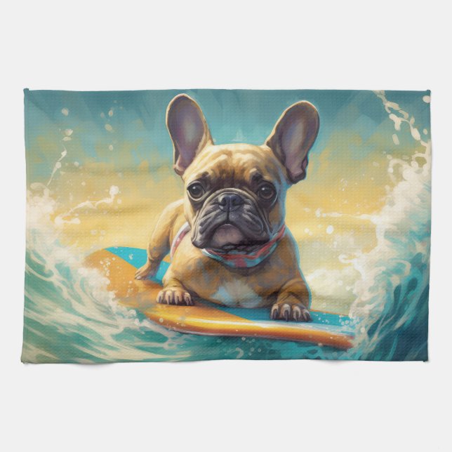 French Bulldog Beach Surfing Malerei Geschirrtuch (Horizontal)