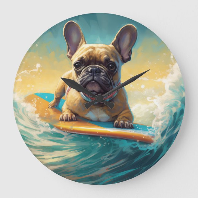 French Bulldog Beach Surfing Malerei Große Wanduhr (Vorderseite)