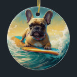 French Bulldog Beach Surfing Malerei Keramik Ornament<br><div class="desc">Tauchen Sie ein in die spielerische Welt des Kaninchen-Abenteuers mit diesem faszinierenden Bild. Ein gepflegter Hund geht zu den Wellen und reitet geschickt auf einem sonnengeküssten Strand. Das lebendige Kunstwerk vereint wunderbar das Wesentliche der Erregung am Strand, während der Hund furchtlos auf den Wellen reitet und den Geist von Spaß...</div>