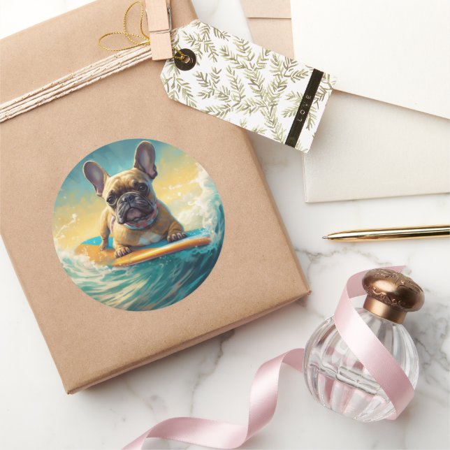 French Bulldog Beach Surfing Malerei Runder Aufkleber (Schenken)