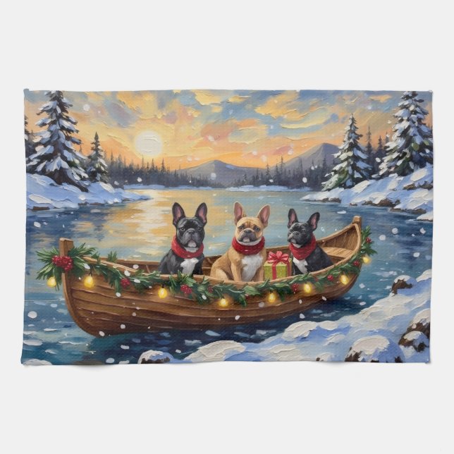 French Bulldog Christmas Boat Holiday Geschirrtuch (Horizontal)
