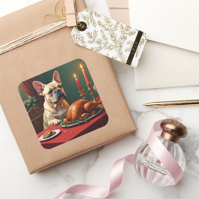 French Bulldog Christmas Eve Feast Painting Quadratischer Aufkleber (Schenken)