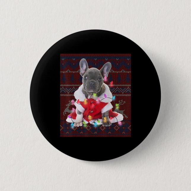 French Bulldog Christmas Lights Ugly Sweater Dog Button (Vorderseite)