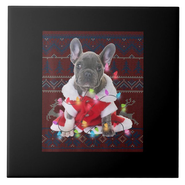 French Bulldog Christmas Lights Ugly Sweater Dog Fliese (Vorderseite)