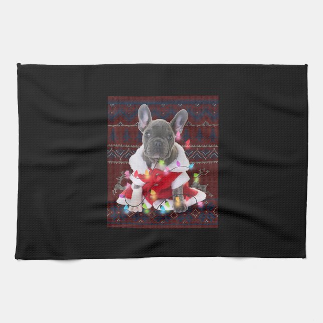 French Bulldog Christmas Lights Ugly Sweater Dog Geschirrtuch (Horizontal)