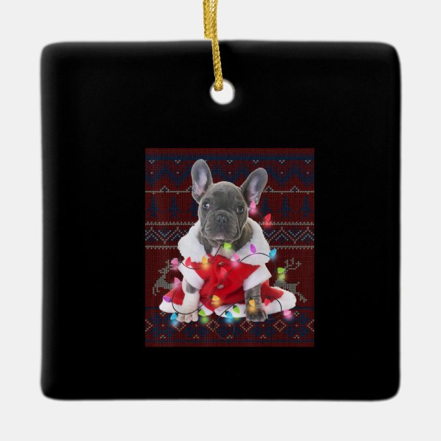 French Bulldog Christmas Lights Ugly Sweater Dog Keramikornament (Vorderseite)