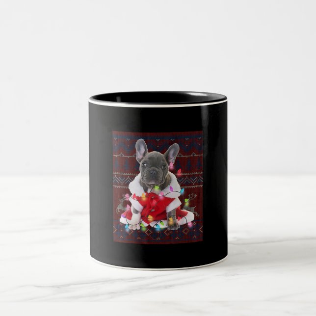 French Bulldog Christmas Lights Ugly Sweater Dog Zweifarbige Tasse (Mittel)
