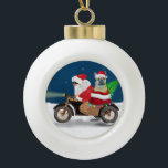 French Bulldog Christmas Santa Claus Keramik Kugel-Ornament<br><div class="desc">Ein Weihnachtsmann,  der mit dem Fahrrad Weihnachtsbaum und den französischen Bulldog als Geschenk liefert,  ist ein ideales Weihnachtsgeschenk für jemanden,  der diesen Hund züchtet.</div>