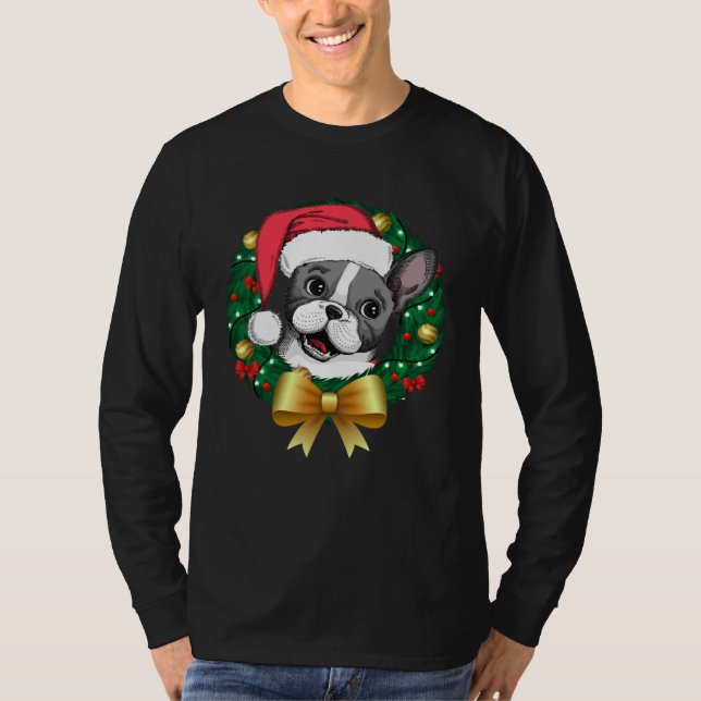 French Bulldog Christmas  Santa Xmas Wreath Tree T-Shirt (Vorderseite)