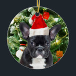 French Bulldog Christmas Tree Ornaments Snowman Keramik Ornament<br><div class="desc">Niedlicher französischer Bulldogge mit Weihnachtsbaumschmuck Snow Man im Hintergrund.</div>
