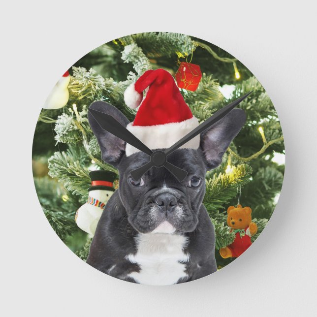 French Bulldog Christmas Tree Ornaments Snowman Runde Wanduhr (Vorderseite)