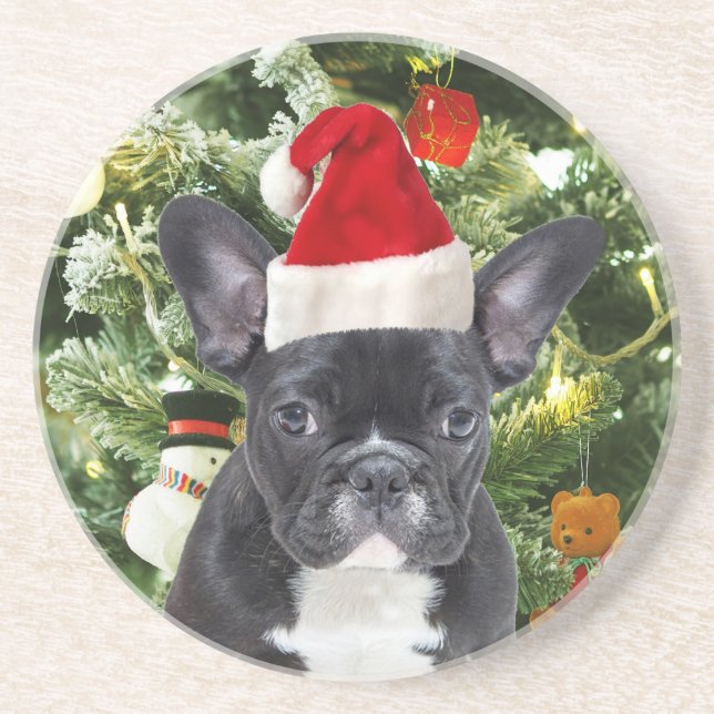 French Bulldog Christmas Tree Ornaments Snowman Sandstein Untersetzer (Vorne)