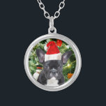 French Bulldog Christmas Tree Ornaments Snowman Versilberte Kette<br><div class="desc">Niedlicher französischer Bulldogge mit Weihnachtsbaumschmuck Snow Man im Hintergrund.</div>
