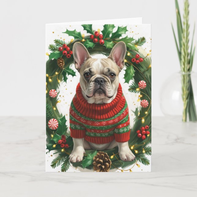 French Bulldog Christmas Wreath Holiday Art Karte (Vorderseite)