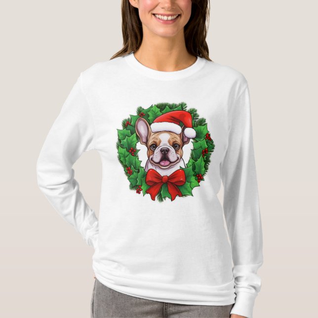 French Bulldog Christmas Wreath T-Shirt (Vorderseite)
