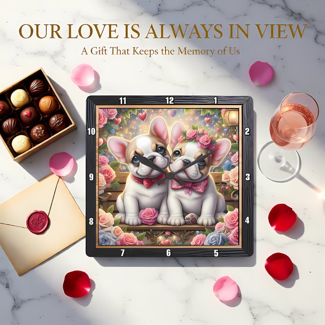 French Bulldog Couple Rose Garden Quadratische Wanduhr (Von Creator hochgeladen)