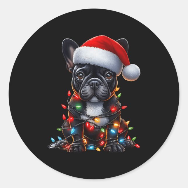 French Bulldog Dog Christmas Lights Santa Hat Dog  Runder Aufkleber (Vorderseite)