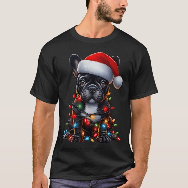 French Bulldog Dog Christmas Lights Santa Hat Dog  T-Shirt (Vorderseite)