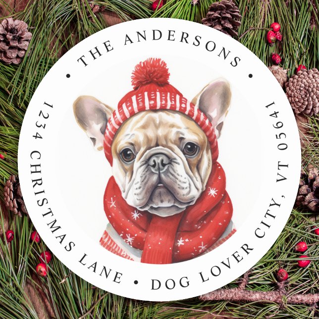 French Bulldog Dog Custom Christmas Rücksendeadres Runder Aufkleber (Von Creator hochgeladen)