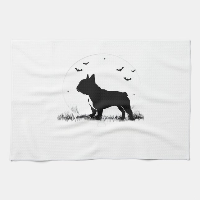 French Bulldog Dog � Halloween Moon Silhouette Ove Geschirrtuch (Horizontal)
