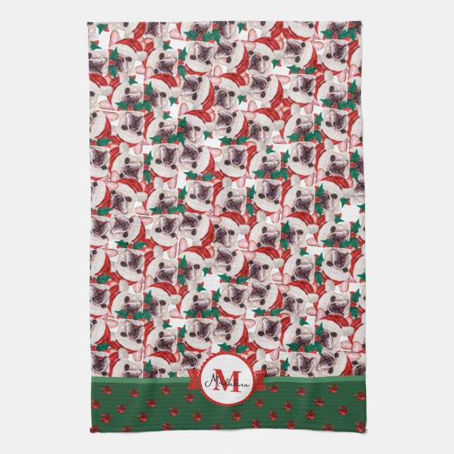 French Bulldog Frenchie Monogram Christmas Dog Geschirrtuch (Vertikal)