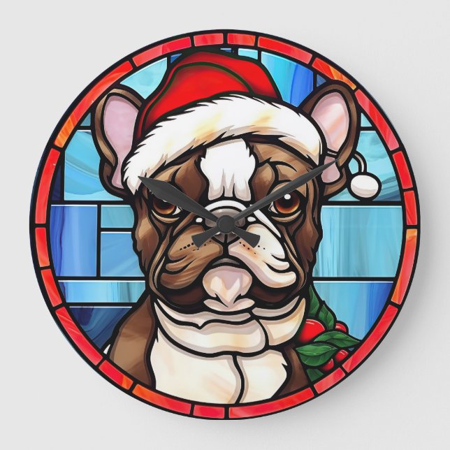 French Bulldog gesteinigtes Glass Weihnachten Große Wanduhr (Vorderseite)