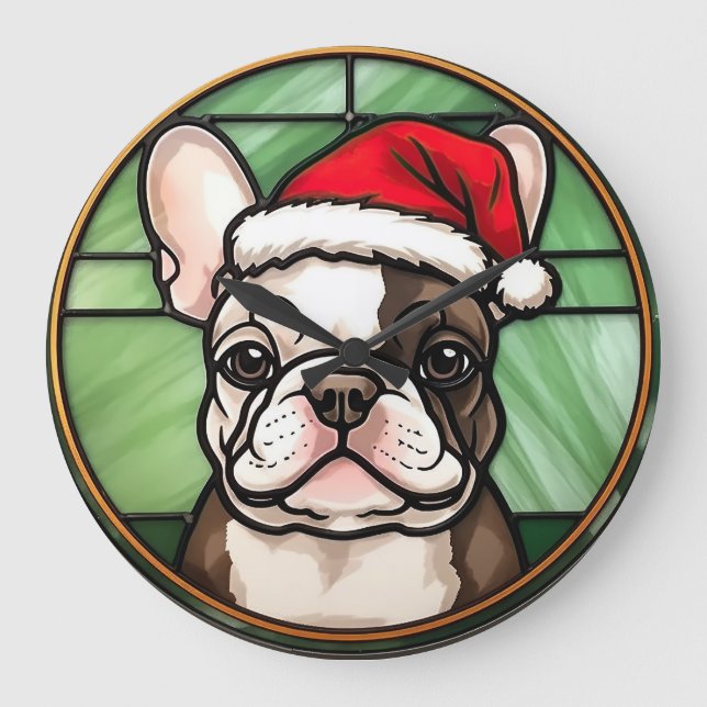 French Bulldog gesteinigtes Glass Weihnachten Große Wanduhr (Vorderseite)
